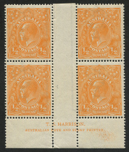 KGV Heads - Single Watermark: ½d Orange, Harrison Imprint blk.(4) with variety "Break in top frame left of crown" [BW:66(9)z. Cat.$275++ (unpriced MUH).