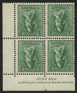 Australia: Other Pre-Decimals: 1938 (SG.170) 4d Koala, Ash Imprint blk.(4) MUH.