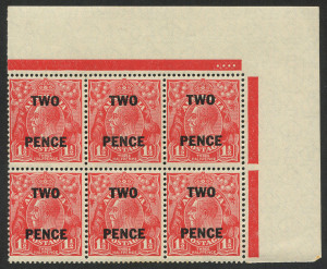 KGV Heads - Small Multiple Watermark Perf 13½ x 12½: 1930 (SG.119) TWO PENCE on 1½d Golden Scarlet, Plate 4 (dots) corner blk.(6) MUH; cpl tone spots to perf tips.