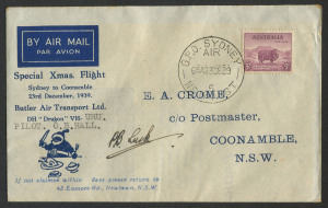 AUSTRALIA: Aerophilately & Flight Covers: 23 Dec.1939 (AAMC.887a) Sydney - Coonamble Special Xmas Flight cover, signed by pilot P.B.Lusk.