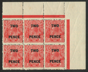 KGV Heads - Small Multiple Watermark Perf 13½ x 12½: 1930 (SG.119) TWO PENCE on 1½d Golden Scarlet, Plate 3 (dots) corner blk.(6) MUH; cpl tone spots to perf tips.