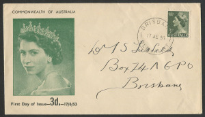 FDC: 17 June 1953 (SG.262) 3d green Queen on QUEENSLAND STAMP MART FDC from Brisbane.