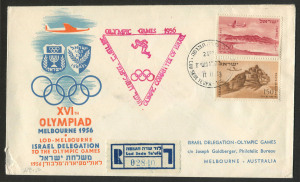 AUSTRALIA: Aerophilately & Flight Covers: 17 Nov. 1956 (SSMC.1361b) Israel - Australia flown special cover; registered and with Israel Olympic Committee cachet; OLYMPIC VILLAGE backstamp.