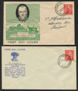 FDC: 12 Nov.1948 (SG.225) 2½d Farrer on neatly addressed Wide World FDC from STOCK EXCHANGE S.AUST. and another unaddressed example by WOODGER, postmarked at DOOKIE AGRICULTURAL COLLEGE, VIC. (2).