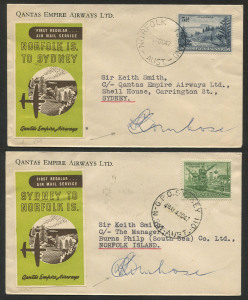 AUSTRALIA: Aerophilately & Flight Covers: 14 Oct. 1947 (AAMC.1113-1114) Sydney - Norfolk Island & return flown covers; both with special vignettes prepared for the QANTAS flights and both covers signed by the captain, L.R. Ambrose, who piloted the Lancas