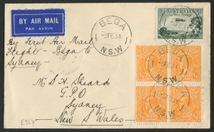 AUSTRALIA: Aerophilately & Flight Covers: 5 Feb. 1934 (AAMC.354) Bega - Sydney flown cover, carried by Adastra Airways on their inaugural flight.