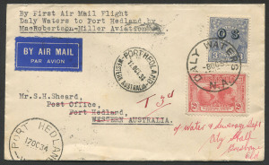 AUSTRALIA: Aerophilately & Flight Covers: 8 Oct.1934 (AAMC.429a) Daly Waters - Port Hedland flown cover, carried by MacRobertson Miller Aviation Co., on their inaugural service. Cat. from $150. With 3d in postage dues affixed on the back to pay for the r