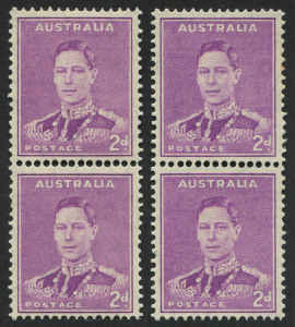 Australia: Other Pre-Decimals: 1941 (SG.185a & 185w) 2d Mauve KGVI coil pairs: one pair with wmk upright & one pair with WATERMARK INVERTED. Superb. (2 pairs). MUH. Cat.£390. [BW:189a,bd].