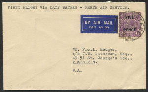 AUSTRALIA: Aerophilately & Flight Covers: 3 Oct.1934 (AAMC.429) Daly Waters - Perth flown cover, carried by MacRobertson Miller Aviation Co., on their inaugural service. Cat. $125. 