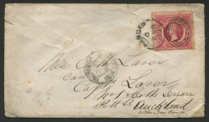 NEW SOUTH WALES - Postal History: 1866 (Mar.2) cover to New Zealand with Large Diadem 1/- Rose-Carmine P.13 (SG.168) tied by SYDNEY duplex, TAURANGA transit datestamp of face, AUCKLAND arrival backstamp.