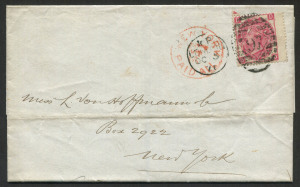 GREAT BRITAIN - Postal History: 1871 (Oct.5) Stiebel Bros (London) outer to New York with Wmk Spray 3d rose (SG.103) tied by London duplex cancel, 'NEW YORK/PAID ALL' arrival cancel in red.