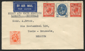 GREAT BRITAIN - Postal History: 1930 (Apr.14) airmail cover to Belgium, endorsed 'NIGHT AIR MAIL SERVICE/LONDON-----BRUSSELS' with 2�d & 1d (2) PUC issues appropriately tied, attractive airmail vignette on reverse.