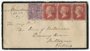 GREAT BRITAIN - Postal History: IRELAND: 1872 (Jan.24) mourning cover to Melbourne with 6d mauve Pl.9 (SG.109) plus 1d red Pl.118 strip of 3 tied by THURLES duplex cancels, JOHNSTOWN transit and MELBOURNE arrival backstamps; flap faults otherwise fine.