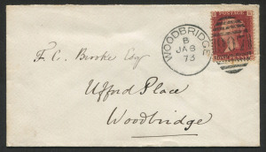 GREAT BRITAIN - Postal History: 1873 (Jan.8) local cover with scarce 1d Red Pl.144 tied by superb 1873 WOODBRIDGE '907' duplex.