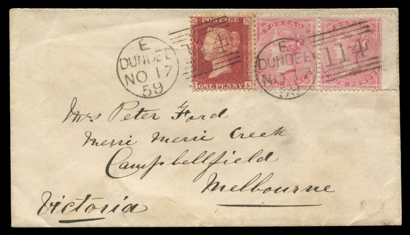 GREAT BRITAIN - Postal History: SCOTLAND: 1859 (Nov.17) cover to "Merri Merri Creek, Campbellfield, Melbourne" with Large Garter 4d rose (SG.66a) wing-margin pair plus 1d red tied by tidy DUNDEE '114' duplex cancels, LONDON transit & MELBOURNE arrival ba