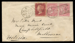 GREAT BRITAIN - Postal History: SCOTLAND: 1859 (Nov.17) cover to "Merri Merri Creek, Campbellfield, Melbourne" with Large Garter 4d rose (SG.66a) wing-margin pair plus 1d red tied by tidy DUNDEE '114' duplex cancels, LONDON transit & MELBOURNE arrival backstamps.