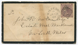 GREAT BRITAIN - Postal History: IRELAND: 1864 (Jan.18) mourning cover to West Maitland, NSW with 6d lilac (SG.84) tied by very fine KILKENNY '269' duplex, LONDON/PAID transit and SYDNEY arrival datestamp; flap faults, otherwise fine.