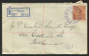 VICTORIA - Postmarks: CAMBERWELL: registered Vinton Smith cover with fine CAMBERWELL/14OC38 in violet (WWW.80, rated 2R, unrecorded in violet) tying KGV 5d brown, another fine strike on reverse.