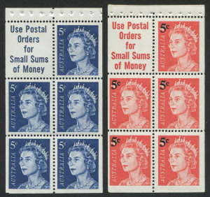 Australia: Decimal Issues: 1967 (SG.386c & 414) 5c blue & 5c/4c red Queen booklet panes; matching "Use Postal Orders" slogans, MUH. (2 items).