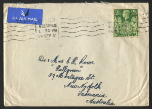 GREAT BRITAIN - Postal History: 1951 (Sep.24) airmail cover to New Norfolk, Tasmania with scarce solo franking of 2/6d yellow-green Arms (SG.476b) tied by DALKIETH/MIDLOTHIAN machine cancel.