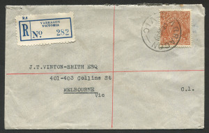 VICTORIA - Postmarks: YARRAGON: registered Vinton Smith cover with fine YARRAGON '26NO38' datestamp (WWW.30A) tying KGV 5d brown, another strike on reverse alongside REGISTERED MELBOURNE arrival datestamp.