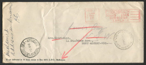 AUSTRALIAN CAPITAL TERRITORY: POSTMARKS - JERVIS BAY/FEDERAL TERRITORY: superb 'JERVIS BAY/2JE41/FEDERAL TERRITORY' on re-directed, unclaimed cover from Melbourne with a 'PAID AT/1d/MELBOURNE' meter cancel, fine 'JERVIS BAY/NSW' datestamp on reverse.