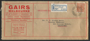Australia: Postal History: 1938 (Oct.4) Gairs (Melbourne) advertising envelope registered to Vinton Smith (Melbourne) with KGV 5d Brown tied by 'VICTORIA MARKET/MELB' datestamp, blue/white registration label, all-over advertising on reverse.