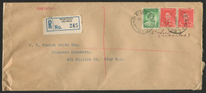 VICTORIA - Postmarks: REDESDALE: 1938 (Oct.26) Coliban Estate (Redesdale) registered cover to Melbourne, stamps tied by REDESDALE datestamps, on reverse REDESDALE, MONEY ORDER/KYNETON & MELBOURNE datestamps, blue/black registration label.