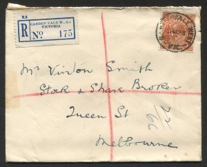 VICTORIA - Postmarks: GARDENVALE WEST: clearly discernible 'GARDENVALE WEST/17MR38/VIC' datestamp (ERD, WWW record the PO opening c.1940) tying KGV 5d brown to small registered envelope, 'GARDEN VALE W., S.4' blue/white registration label, backstamped.