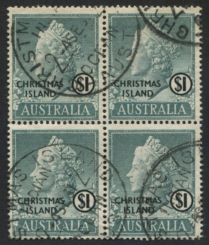 CHRISTMAS ISLAND: 1958 (SG.10) $1 deep greenish-blue QE2, block (4) FU with Sept. 1961 cds's. The only commercially used block known to us.