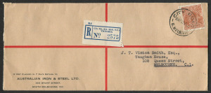 Australia: Postal History: 1938 (Mar.12) Australian Iron & Steel (South Melbourne) printed envelope with KGV 5d Brown tied by 'CITY ROAD/S.MELB.VIC' datestamp, blue/white registration label, typed address, backstamped. Fine condition.