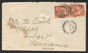 QUEENSLAND - Postmarks: DIRRANBANDI: Type 4a 'DIRRANBANDI/JY10/05' datestamp on Tatts cover (alias "Ms H. Cook, Tailor, Hobart") with 1d Sideface pair tied by fine BN '557' cancels, ST GEORGE transit backstamp; Rated 3R.