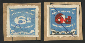 NEW SOUTH WALES: Revenues: NSW - Government Tramways: 1937-49 6d blue and 6d (in red) on 4d blue, both pen-cancelled on piece, Elsmore Online Cat. $120. (2)