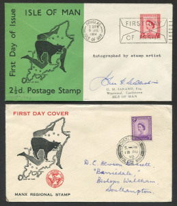 GREAT BRITAIN: REGIONALS - PRE-DECIMAL FDCs: selection with Isle of Man 1958 3d lilac (2, different cachets), 1964 2�d carmine (autographed by stamp's artist), 1966 4d ultramarine, Northern Ireland 1967 9d & 1/6d; others from Wales & Guernsey.