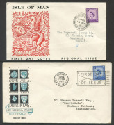 GREAT BRITAIN: REGIONALS - PRE-DECIMAL FDCs: selection with Isle of Man 1958 3d lilac (2, different cachets), 1964 2�d carmine (autographed by stamp's artist), 1966 4d ultramarine, Northern Ireland 1967 9d & 1/6d; others from Wales & Guernsey. - 2