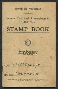 VICTORIA - Revenues: TAX INSTALMENT: 1938 State of Victoria 'Income Tax and Unemployment Relief Tax Stamp Book' for a Meredith resident, contains seven rouletted Instalment Tax issues overprinted 'NOT/TRANSFERABLE' comprising 6d (2), 8d, 1/- green (4) pl