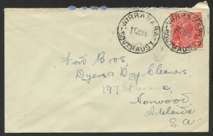 SOUTH AUSTRALIA - Postmarks WIRRABARA: two fine strikes of 'WIRRABARA/11JE38/SOUTH AUST' datestamp (one tying stamp) on cover to Adelaide.