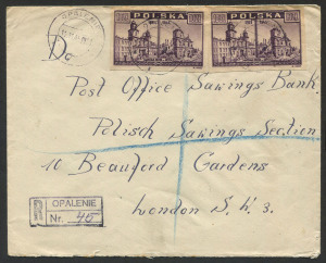 POLAND: 1945 (Nov.11) Opalenie registered cover to "Post Office Savings Bank, Polish Savings Section, Beauford Gardens London" with imperf 10zt Mi. #419 (2, one unit with tear) tied by OPALENIE '11/11/45' datestamps.