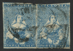 VICTORIA: 1850-53 (SG.14) Ham Third State of Dies 'Frame Lines Added' 3d blue "White Veils" pair, faults/scissor cut upper edge, fragments of adjoining stamps at top & base, Cat. £160+.