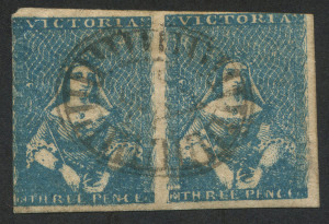 VICTORIA: 1854 (SG.24) Campell & Co 3d blue Half-Length pair on good quality wove paper, just shaved at left and at top right, otherwise good to large margins, Cat. £100+.