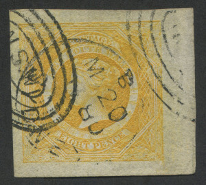 NEW SOUTH WALES: 1871-1902 (SG.218) 8d Yellow Wmk 'Crown/NSW' issue but with 'NO WATERMARK', apparently imperforate (perforations trimmed) with good to huge margins, 1880 SYDNEY datestamp. See SG footnote which states "Stamps from this series without w