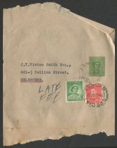 Australia: Postal Stationery: Wrappers: PTPO: 1938-41 1d Green Queen Elizabeth Letterpress (BW: WS21) uprated part-wrapper, 1d QM & 2d KGVI added with mss "LATE FEE" marking alongside, typed address to Vinton Smith (stockboker), likely user Stock Exchang