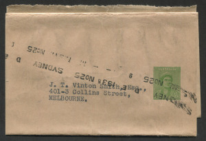 Australia: Postal Stationery: Wrappers: PTPO: 1938-41 1d Green Queen Elizabeth Letterpress (BW: WS21) complete wrapper, typed address to Vinton Smith (stockboker), likely user therefore Stock Exchange of Sydney, 1938 (Nov.25) SYDNEY machine cancel, BW: W