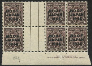 BCOF Japan: 1946 (SG.J3) 3d purple-brown KGVI, Authority Imprint blk.(6), MUH.