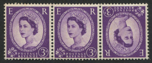 GREAT BRITAIN: 1958-65 (SG.575 var) Wmk Multiple Crowns 3d lilac Wilding strip of 3 including SE-TENANT PAIR, MUH, Cat. �70. See SG footnote - tete-beche pairs came from booklet sheets that were never issued.