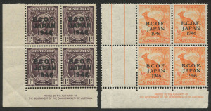 BCOF Japan: 1946 (SG.J1 & 2) ½d Kangaroo & 1d Queen, Authority Imprint blks.4, each block with 3 MUH, 1 MVLH. (8).