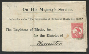 Australia: Postal History: 1914 (Sep.22) OHMS Registrar of Births folded declaration form with 1d Roo tied PELHAM (Tas) datestamp, addressed to Hamilton (Tas).