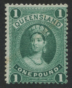 QUEENSLAND: 1882-95 (SG.165) Thin Paper £1 green, faded pen cancel, stamp has retained large-part gum.