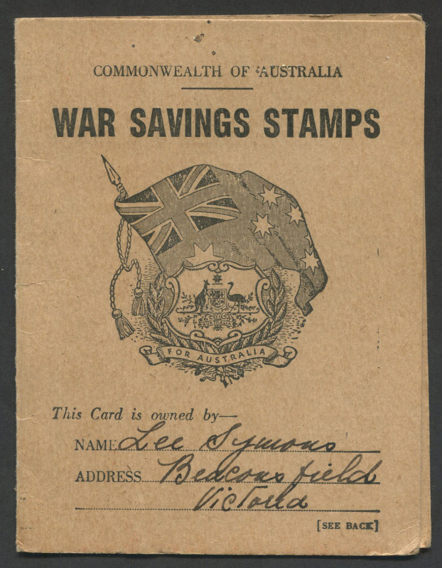 Cinderellas: WAR SAVING STAMPS: WWII War Savings Stamps booklet in buff, inscribed on reverse 'SIXPENCE A DAY/KEEPS/INVADERS AWAY', printed by 'L.F. Johnston, Govt. Printer, Canberra.', containing 6d Hurricane P.14½ (5, one creased).