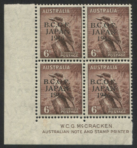 BCOF Japan: 1947 (SG.J4) 6d Kookaburra, McCracken Imprint blk.(4), 3 MUH, 1 MVLH.